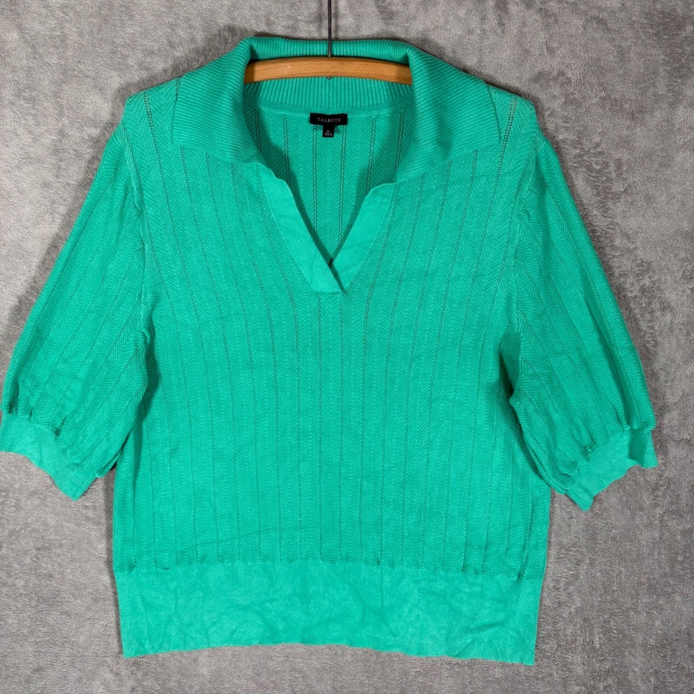 Talbots Green Chevron Pointelle Ribbed Short Puff Sleeve Polo Sweater XL Office